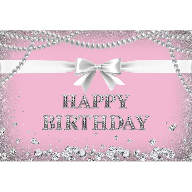 Baocicco 8x6.5ft Pink Happy Birthday Backdrop Photography Background Silver Bowknot Pearl Necklace Diamonds Backdrop Birthday Party Girls Princess Portrait Photo Studio Video Props - Image 1